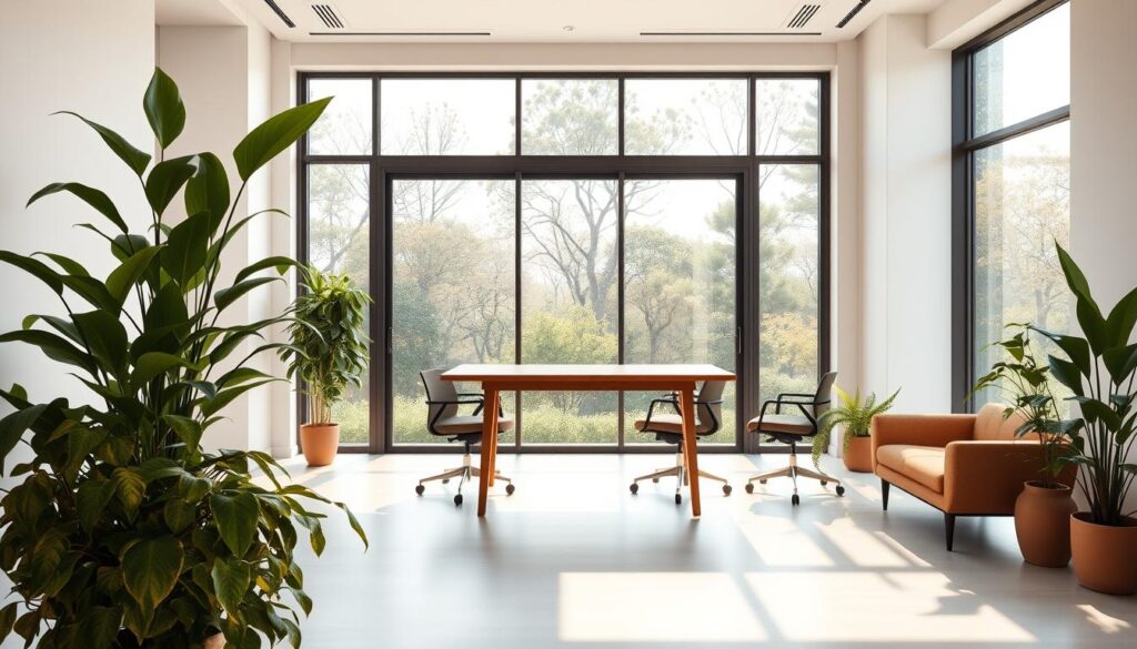 Biophilic office design with natural elements